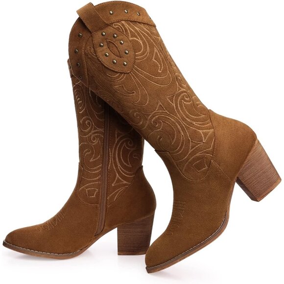Shoes - ⚡Women's Camel Wide Calf Western Pointed Toe Chunky Heel Suede Embroidered